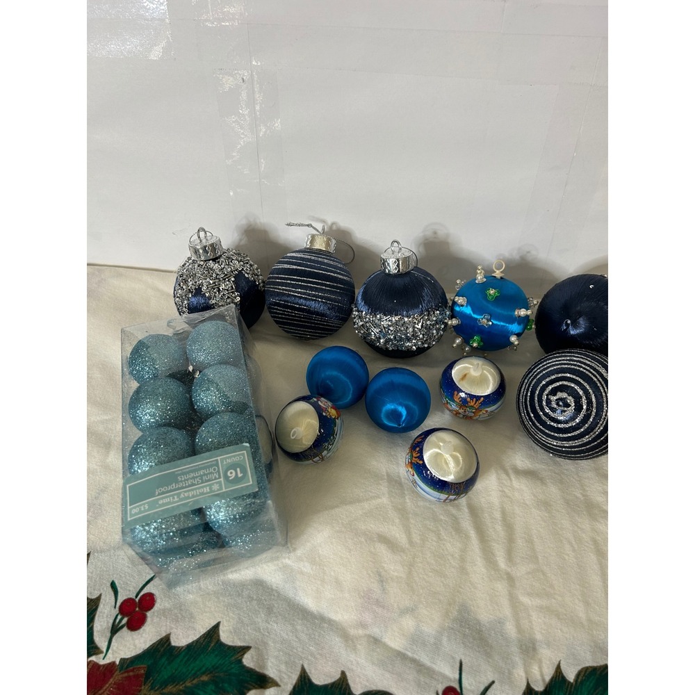 Christmas Ornaments Bulk Lot Blue Satin Silk Glitter Beaded Holiday Time Vintage